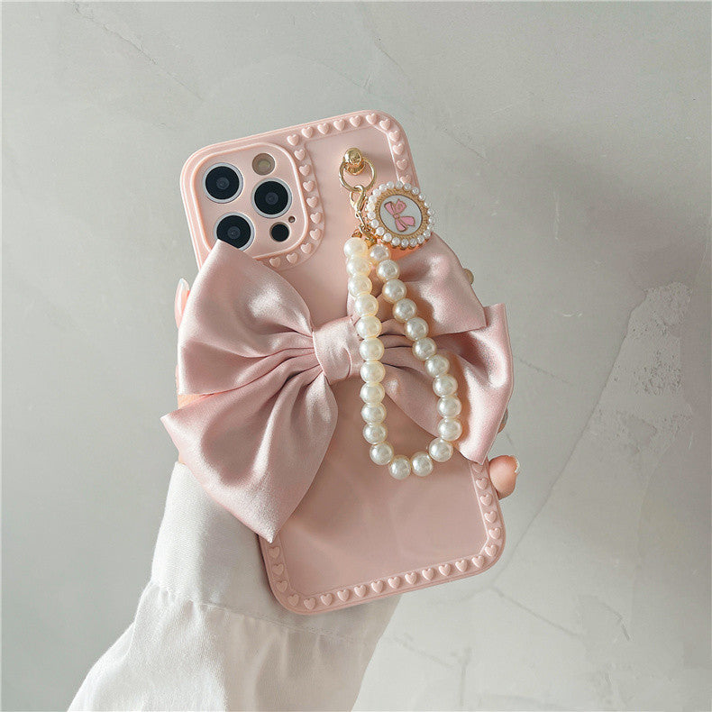 Bow Pearl Chain Phone Case Cover for iPhone – Elegant & Protective TPU Case in Pink & Beige