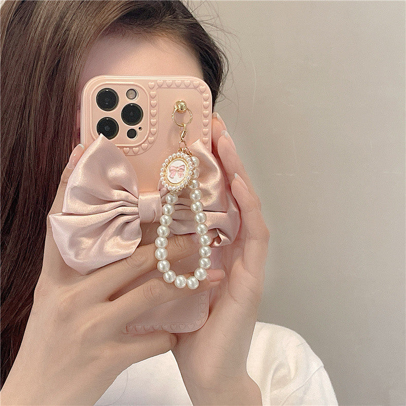 Bow Pearl Chain Phone Case Cover for iPhone – Elegant & Protective TPU Case in Pink & Beige