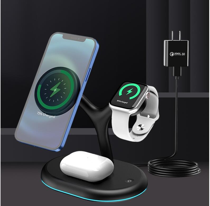 Magnetic 3-in-1 Wireless Charger Stand – 15W Fast Charging for iPhone, AirPods, Apple Watch – Vertical Desktop Stand (Black)