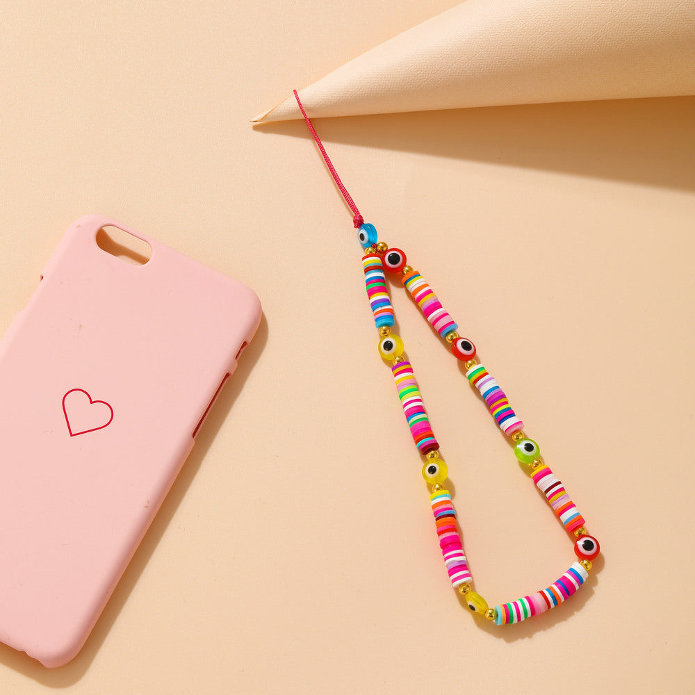 Bohemian Rainbow Polymer Clay Beaded Phone Chain – Handmade Boho Charm