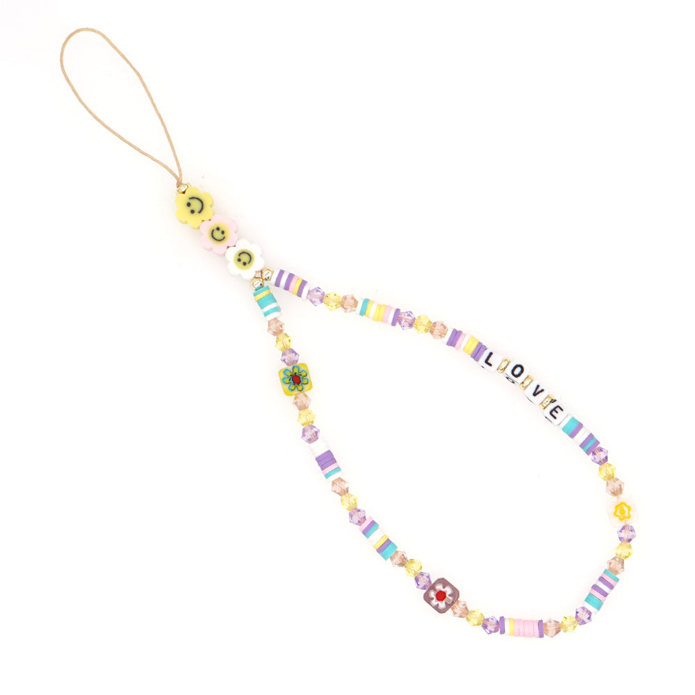 Handmade Bohemian Phone Lanyard – Smiley Soft Clay & Crystal Beads – Anti-Lost Phone Chain – Unisex Gift