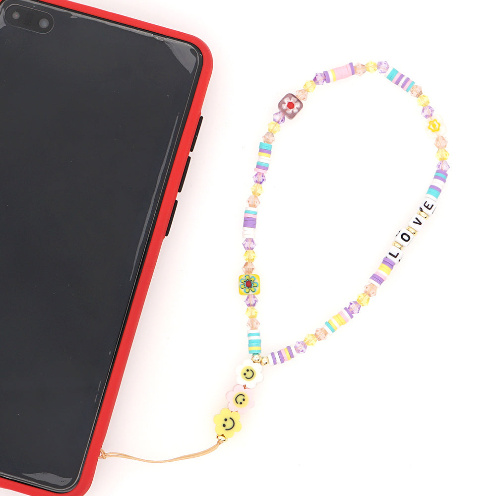 Handmade Bohemian Phone Lanyard – Smiley Soft Clay & Crystal Beads – Anti-Lost Phone Chain – Unisex Gift