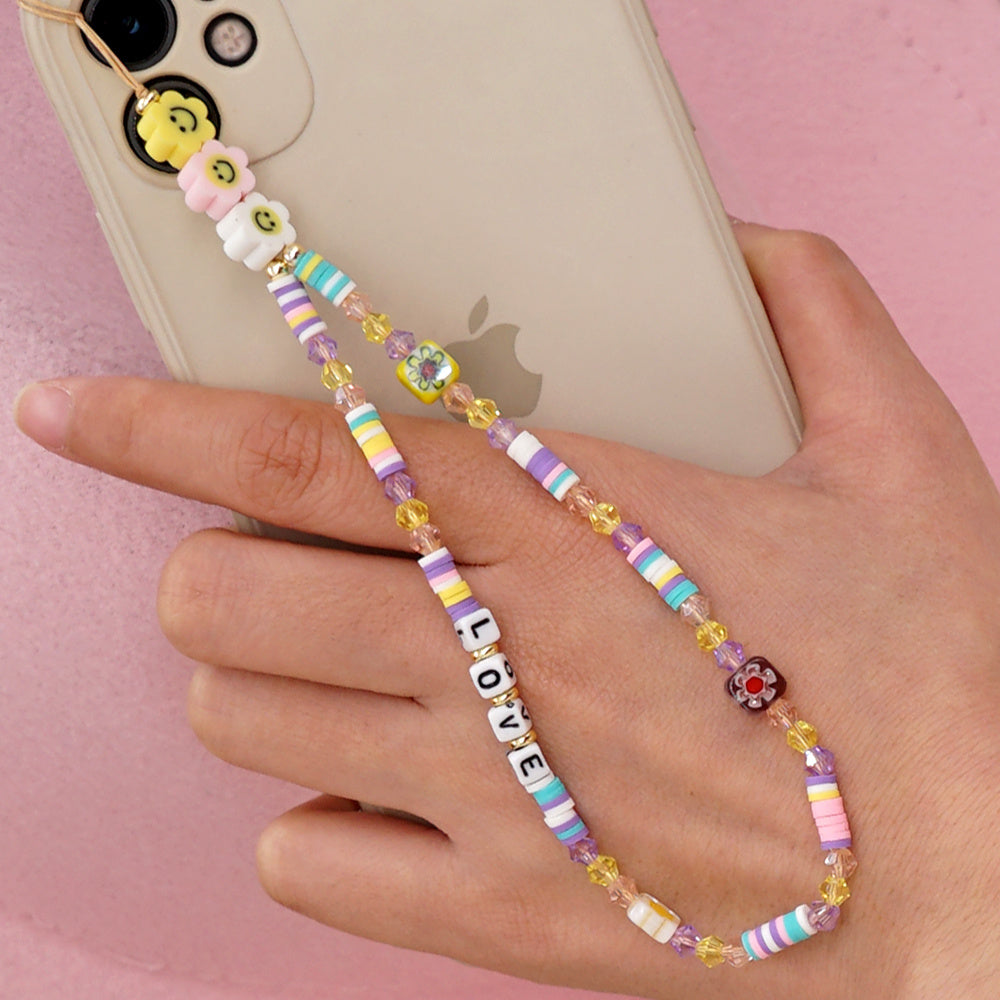 Handmade Bohemian Phone Lanyard – Smiley Soft Clay & Crystal Beads – Anti-Lost Phone Chain – Unisex Gift