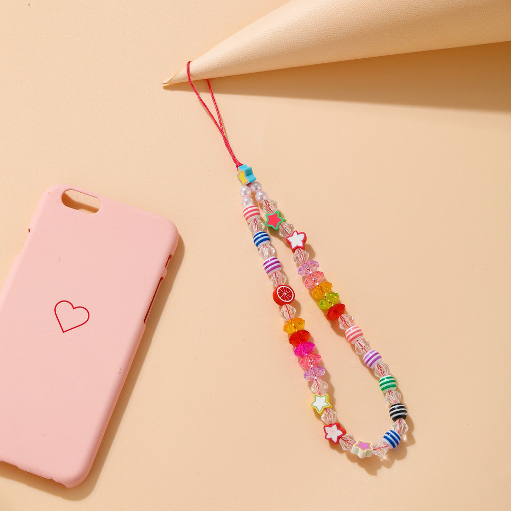 Bohemian Rainbow Polymer Clay Beaded Phone Chain – Handmade Boho Charm