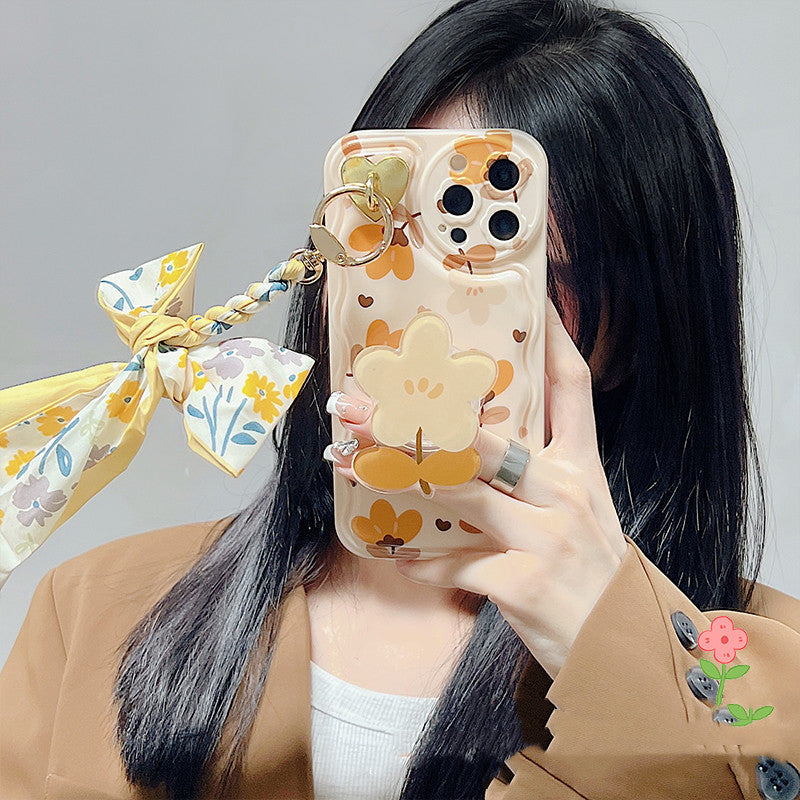 Autumn Leaves & Flowers Silk Scarf Phone Case for iPhone | Stylish Fall Floral Silicone Cover with Bracket
