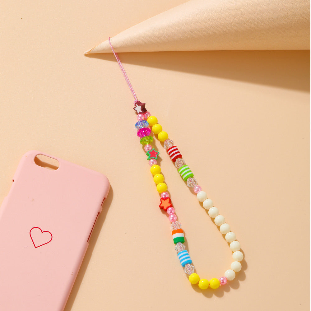 Bohemian Rainbow Polymer Clay Beaded Phone Chain – Handmade Boho Charm