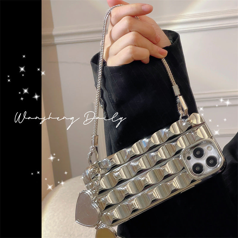 Elegant Silver Heart Mirror Chain Phone Case for iPhone 11-15 Pro Max | Trendy & Protective