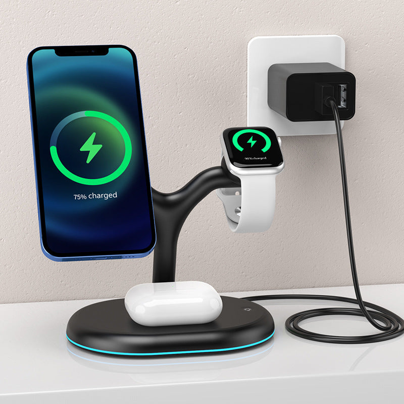 Magnetic 3-in-1 Wireless Charger Stand – 15W Fast Charging for iPhone, AirPods, Apple Watch – Vertical Desktop Stand (Black)