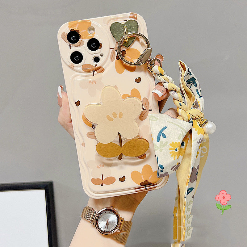 Autumn Leaves & Flowers Silk Scarf Phone Case for iPhone | Stylish Fall Floral Silicone Cover with Bracket