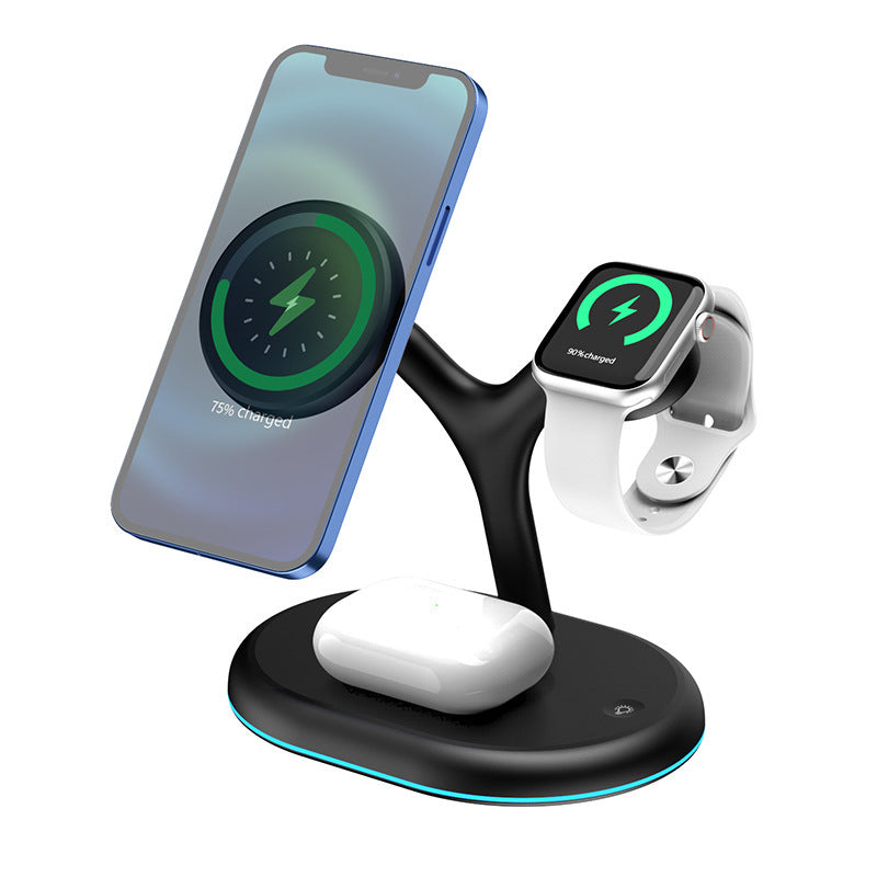 Magnetic 3-in-1 Wireless Charger Stand – 15W Fast Charging for iPhone, AirPods, Apple Watch – Vertical Desktop Stand (Black)