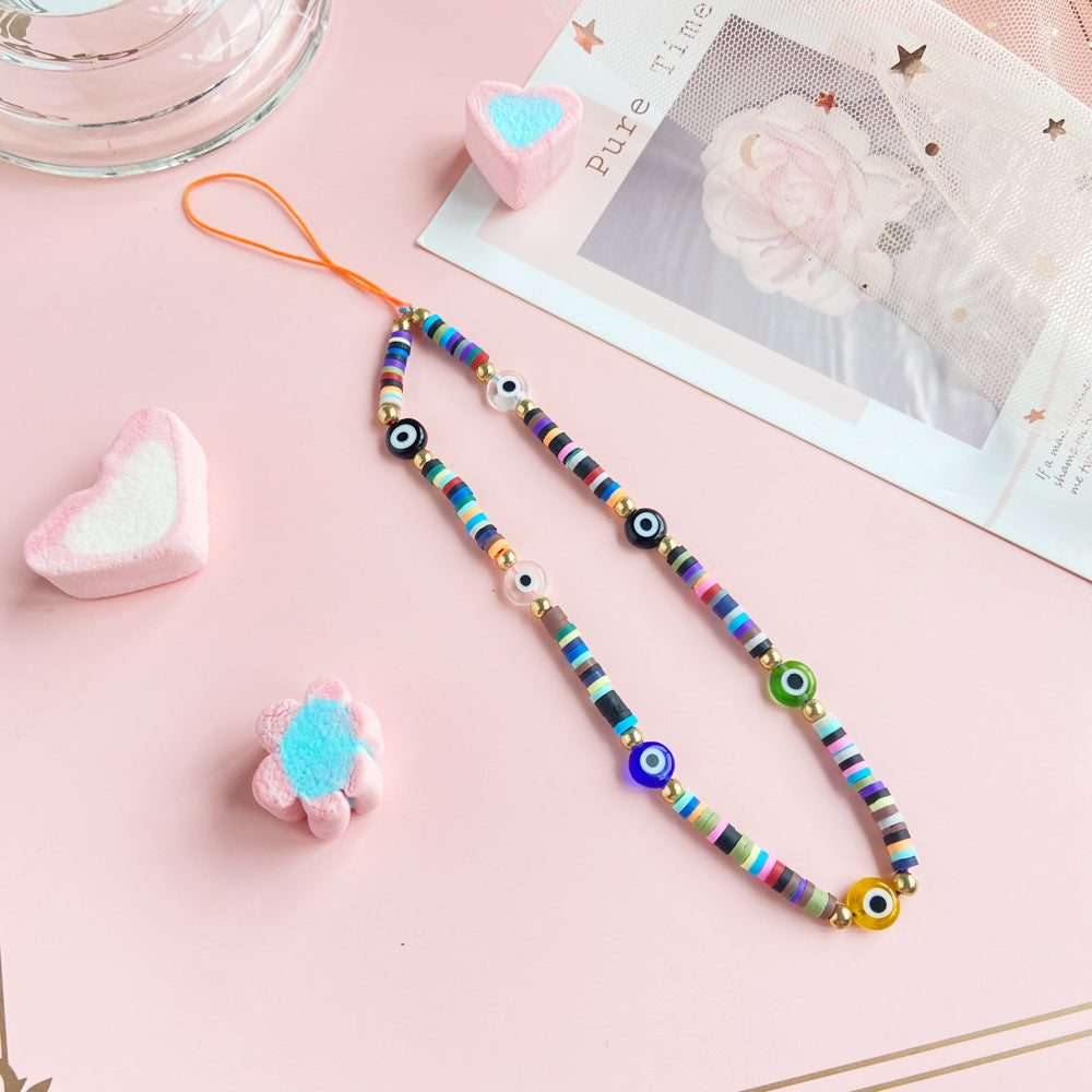 Bohemian Rainbow Polymer Clay Beaded Phone Chain – Handmade Boho Charm