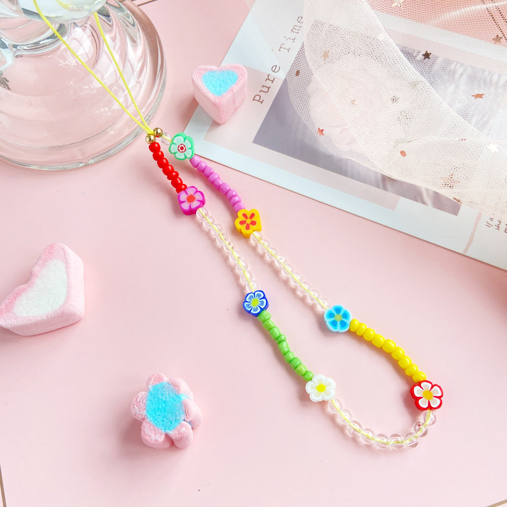 Bohemian Rainbow Polymer Clay Beaded Phone Chain – Handmade Boho Charm
