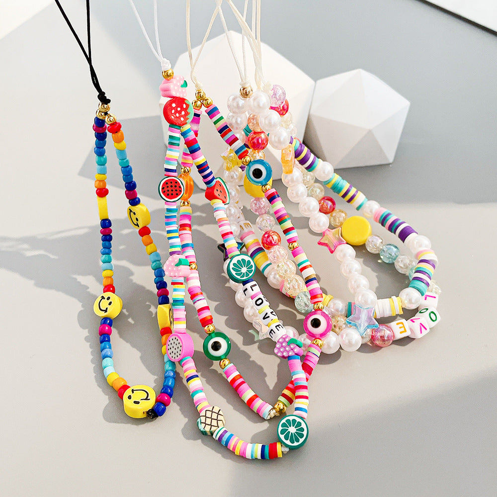 Bohemian Rainbow Polymer Clay Beaded Phone Chain – Handmade Boho Charm