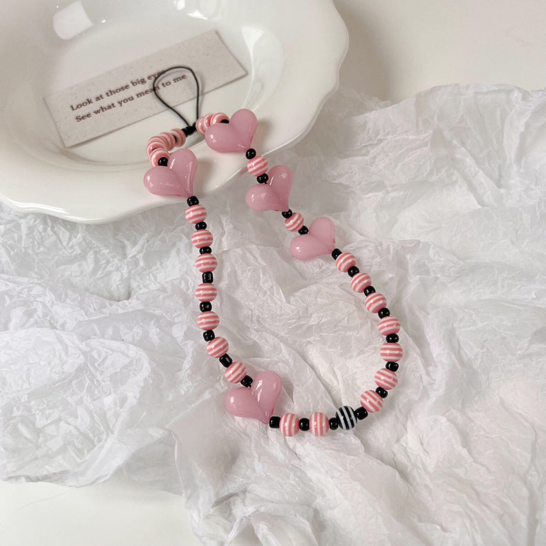 Love Beaded Phone Case Chain – Heart-Shaped Resin Charm for Stylish Phone Accessories