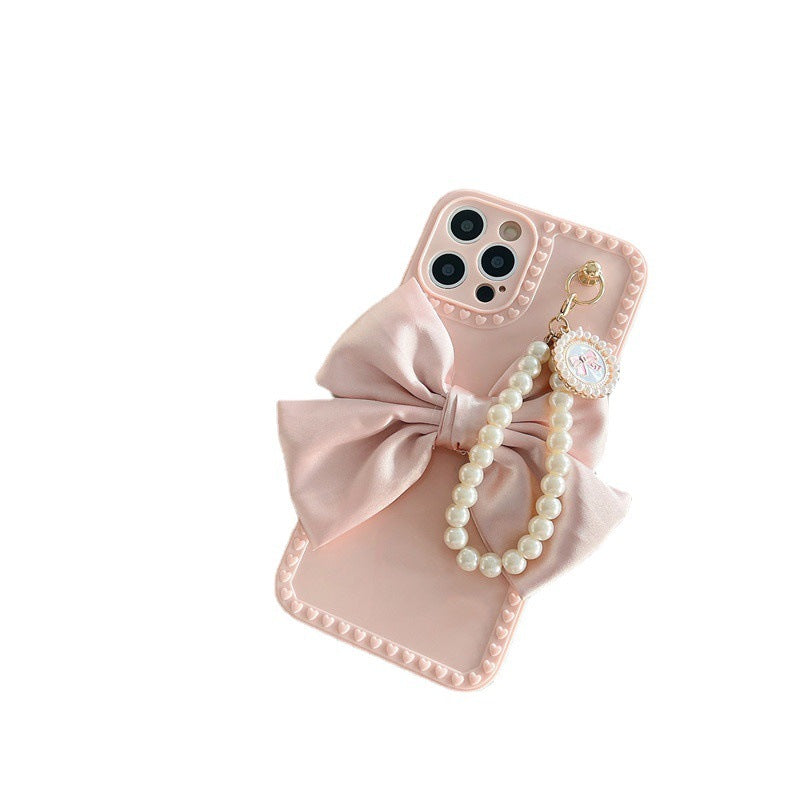 Bow Pearl Chain Phone Case Cover for iPhone – Elegant & Protective TPU Case in Pink & Beige
