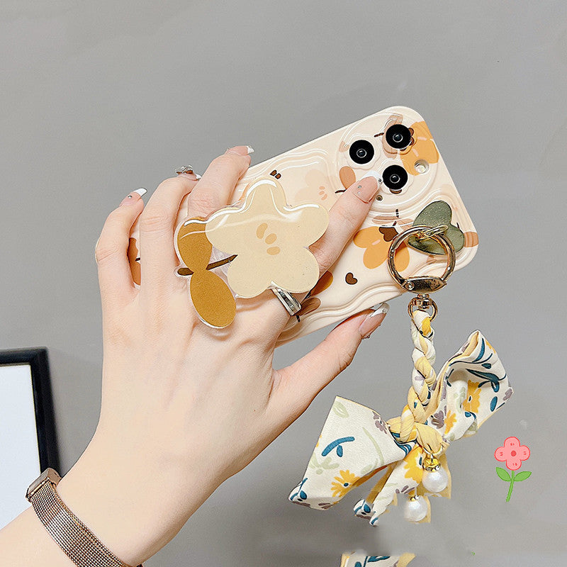 Autumn Leaves & Flowers Silk Scarf Phone Case for iPhone | Stylish Fall Floral Silicone Cover with Bracket