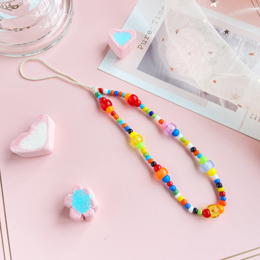 Bohemian Rainbow Polymer Clay Beaded Phone Chain – Handmade Boho Charm