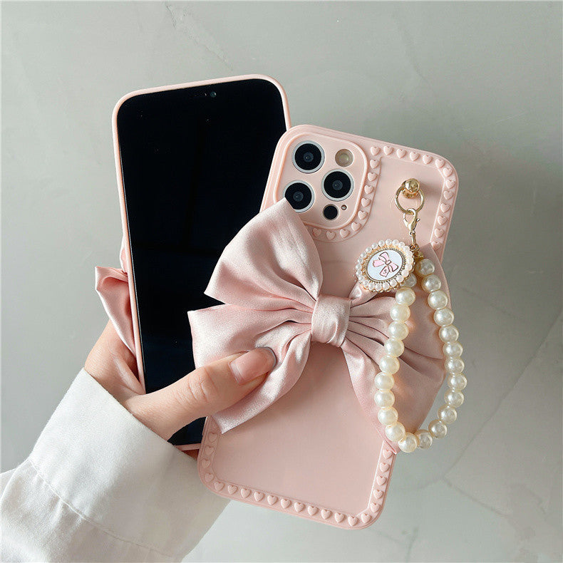 Bow Pearl Chain Phone Case Cover for iPhone – Elegant & Protective TPU Case in Pink & Beige