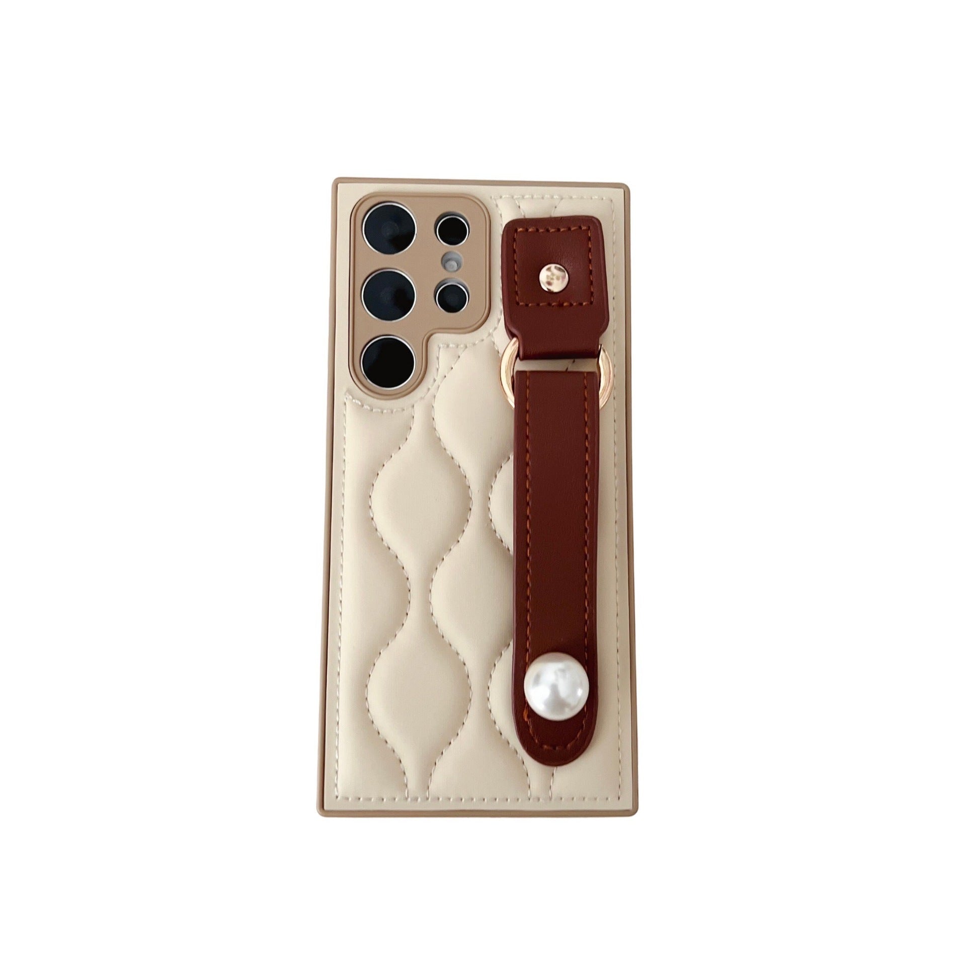 Ultra-Thin S23 Ultra/S24 Drop-Resistant Phone Case with Wrist Strap – Creamy & Milky White Leather
