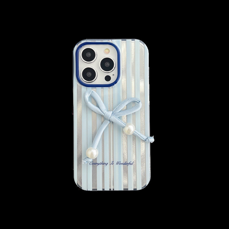 Simple & Stylish Blue Striped Bow Phone Case for iPhone 11-14 Pro Max – Cute & Protective
