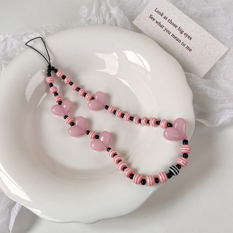 Love Beaded Phone Case Chain – Heart-Shaped Resin Charm for Stylish Phone Accessories