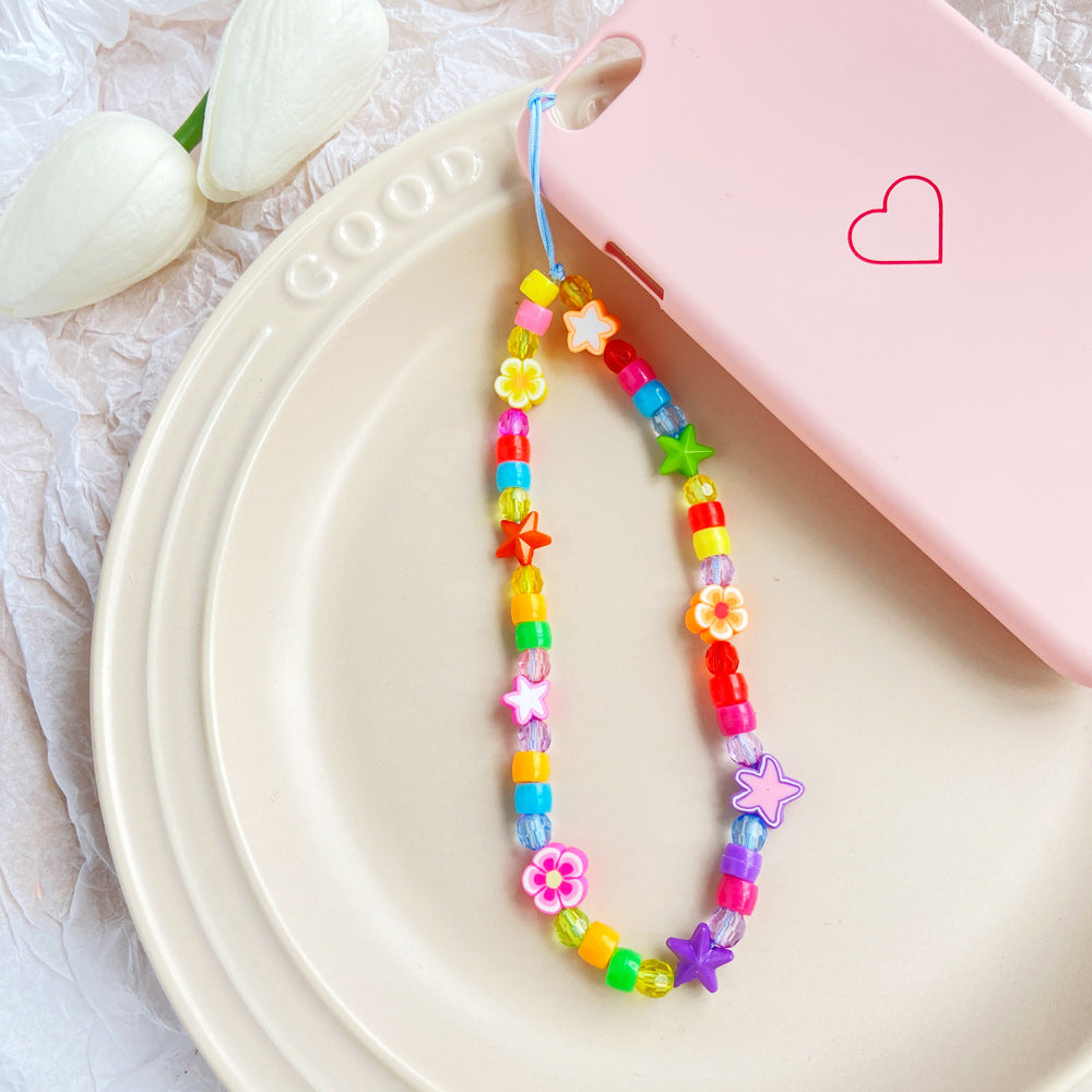 Bohemian Rainbow Polymer Clay Beaded Phone Chain – Handmade Boho Charm