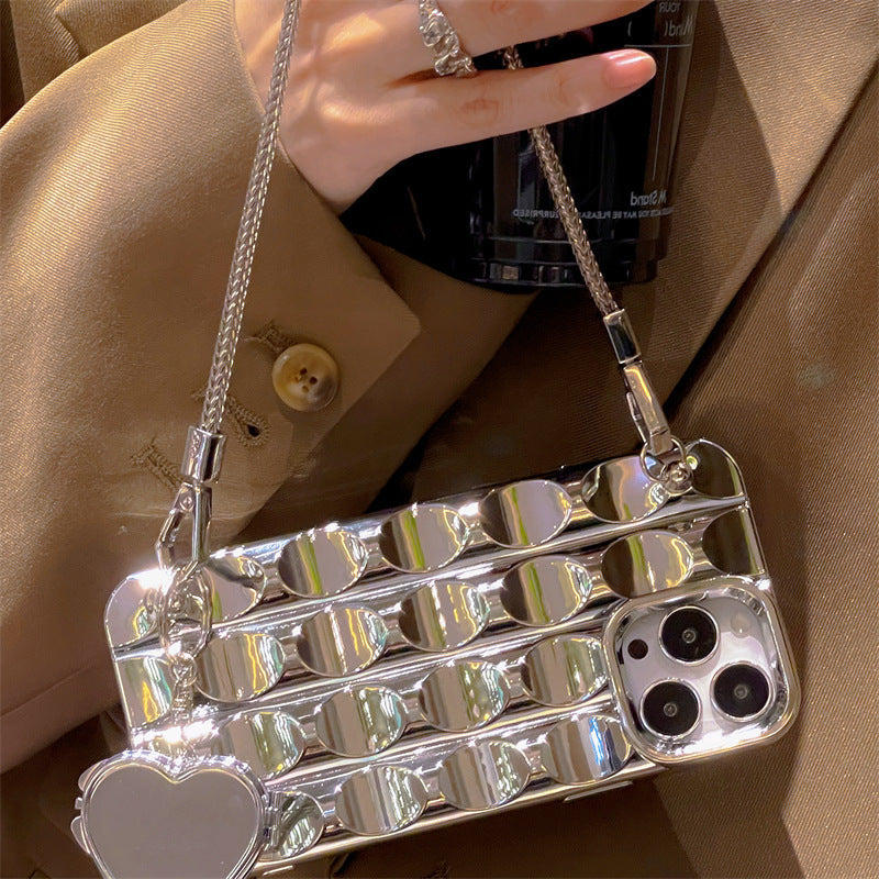 Elegant Silver Heart Mirror Chain Phone Case for iPhone 11-15 Pro Max | Trendy & Protective