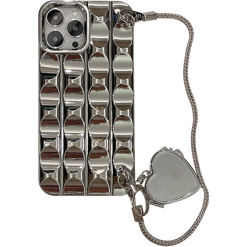 Elegant Silver Heart Mirror Chain Phone Case for iPhone 11-15 Pro Max | Trendy & Protective