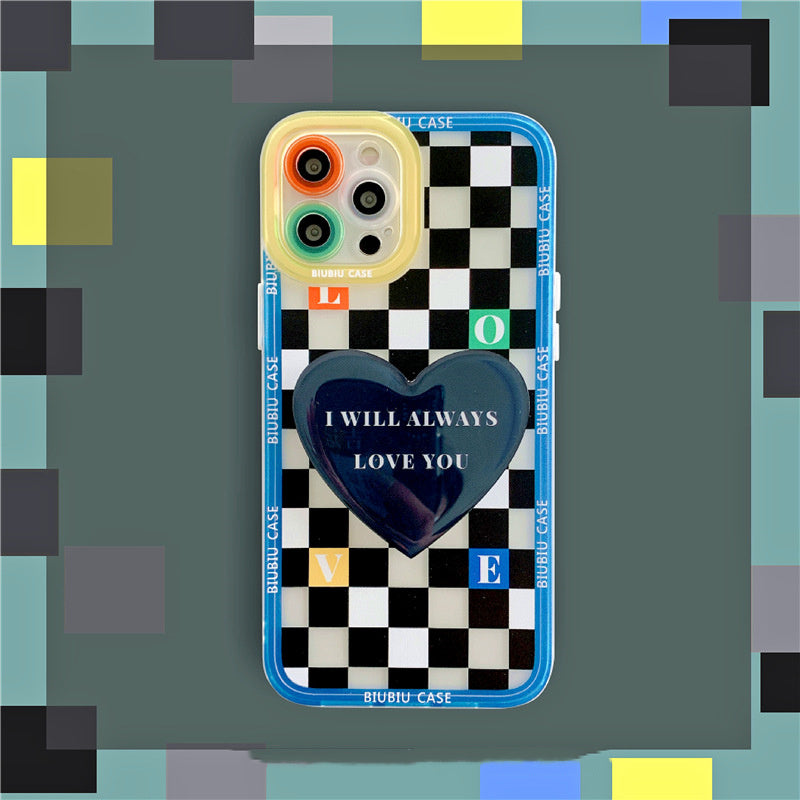 Retro Lattice Love Bracket Phone Case for iPhone – Stylish & Protective Cover
