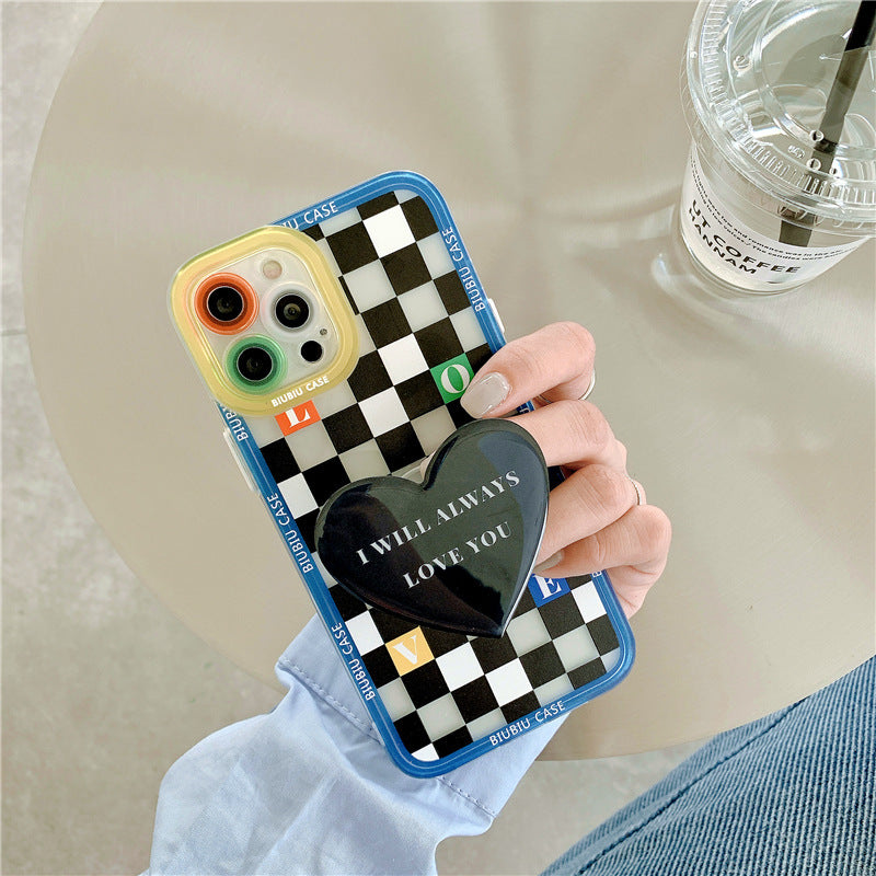 Retro Lattice Love Bracket Phone Case for iPhone – Stylish & Protective Cover