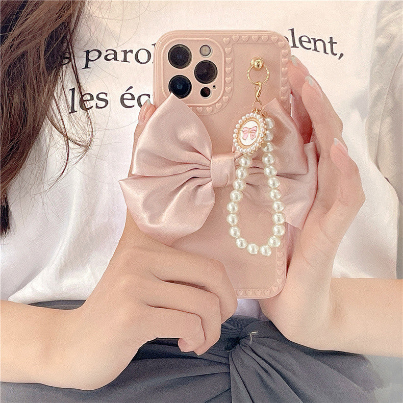 Bow Pearl Chain Phone Case Cover for iPhone – Elegant & Protective TPU Case in Pink & Beige