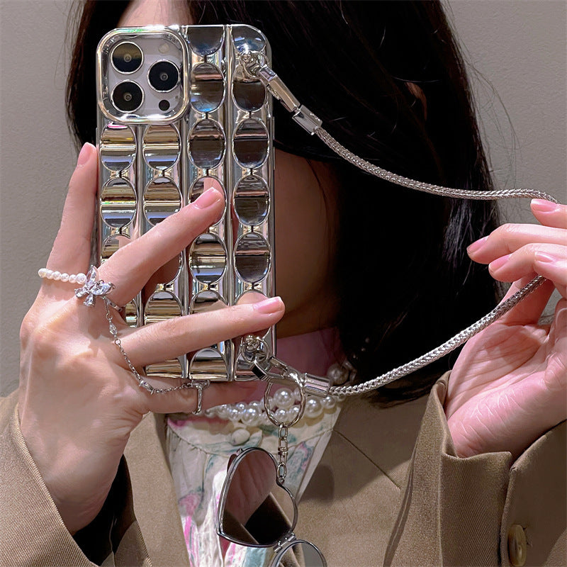 Elegant Silver Heart Mirror Chain Phone Case for iPhone 11-15 Pro Max | Trendy & Protective